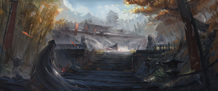 2girls absurdly_long_hair absurdres architecture bamboo bamboo_forest bandaze banner black_hair bow clouds commentary east_asian_architecture faceless facing_viewer falling_leaves floating_hair forest fujiwara_no_mokou hair_bow highres houraisan_kaguya komainu leaf long_hair looking_at_another multiple_girls nature outdoors pants pink_shirt railing red_pants red_skirt shirt skirt sky stairs stone_lantern touhou tower tree very_long_hair white_bow white_hair