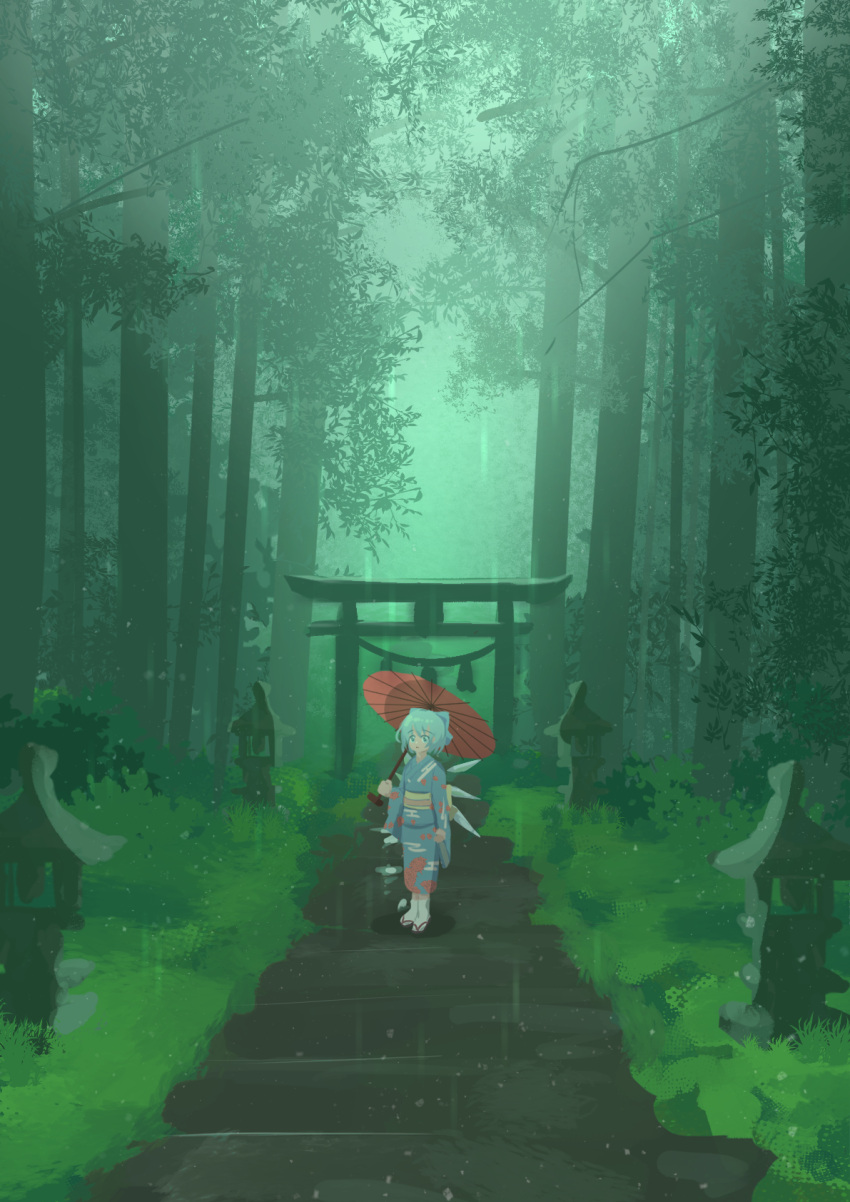 1girl alternate_costume blue_bow blue_eyes blue_hair blue_kimono bow bush cirno commentary eyebrows_visible_through_hair forest geta grass hair_bow highres holding holding_umbrella ice ice_wings japanese_clothes kimono lbcirno9 long_sleeves looking_at_viewer nature outdoors path photo-referenced rain scenery short_hair solo standing stone_lantern tabi touhou tree umbrella white_legwear wide_sleeves wings