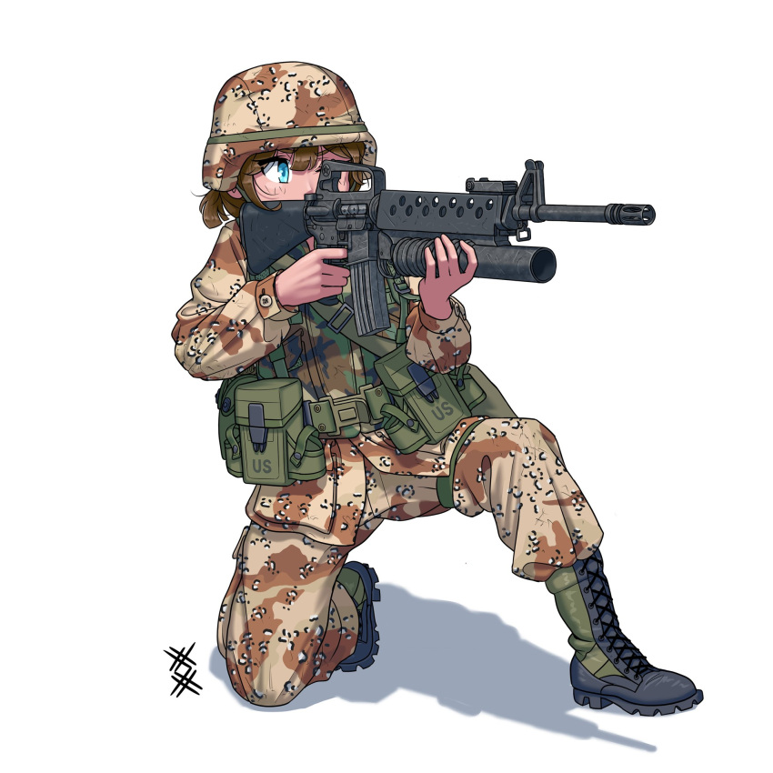 1girl aiming bangs black_footwear blue_eyes boots brown_hair camouflage full_body gun helmet highres holding holding_gun holding_weapon long_sleeves m16a2 medium_hair military military_helmet military_jacket military_uniform original ostwindprojekt shadow simple_background solo twintails uniform weapon white_background