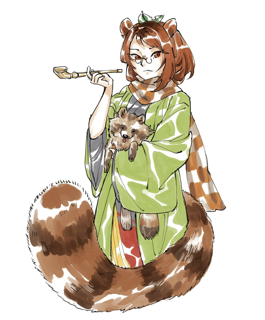 1girl animal animal_ears bangs brown_eyes brown_hair checkered_clothes checkered_scarf closed_mouth futatsuiwa_mamizou green_kimono highres holding holding_animal holding_pipe japanese_clothes kimono kiseru kyuubiness leaf leaf_on_head long_sleeves looking_at_viewer pipe raccoon raccoon_ears raccoon_girl raccoon_tail scarf short_hair simple_background tail touhou traditional_media white_background