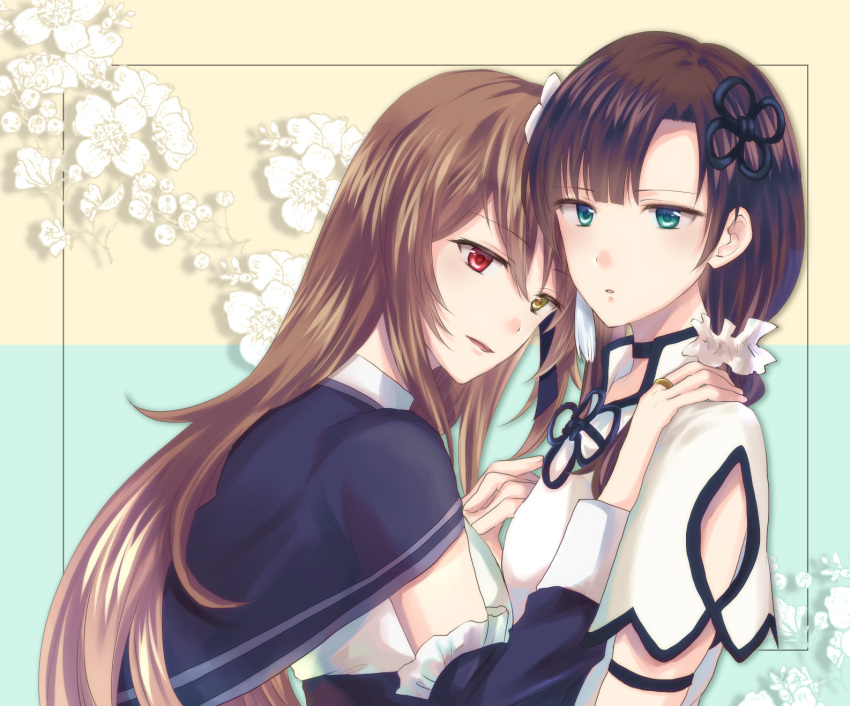 2girls aqua_background aqua_eyes arm_cutout arm_strap assault_lily bangs black_capelet black_hair black_ribbon black_sleeves blunt_bangs capelet clothing_cutout commentary_request detached_sleeves eyebrows_visible_through_hair floral_background flower flower_knot frilled_sleeves frills from_side hair_between_eyes hair_flower hair_ornament hair_ribbon hair_scrunchie hand_on_another's_shoulder hand_up hands_up heads_together heterochromia highres holding_hands interlocked_fingers jewelry kuo_shenlin light_blush light_brown_hair long_hair looking_at_viewer looking_to_the_side multiple_girls parted_lips red_eyes ribbon ring school_uniform scrunchie shirt short_sleeves sidelocks smile tachibana_yuzuna tassel two-tone_background upper_body wang_yujia white_flower white_scrunchie white_shirt yellow_background yellow_eyes yuri yurigaoka_girls_academy_school_uniform