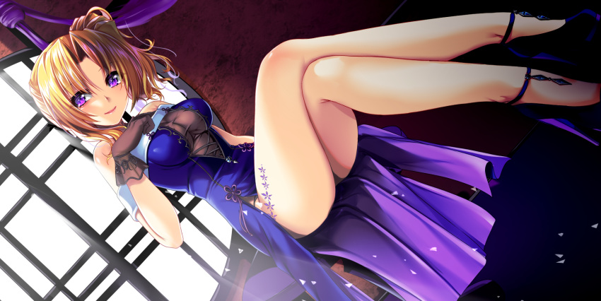 1girl bangs bare_legs black_footwear blonde_hair blue_dress breasts breasts_apart closed_mouth crossed_legs dress dutch_angle eyebrows_visible_through_hair full_body gloves hair_between_eyes hair_intakes high_heels high_ponytail highres idolmaster idolmaster_cinderella_girls k_liss_s kiryuu_tsukasa_(idolmaster) long_hair looking_at_viewer medium_breasts panties panty_peek shiny shiny_hair side_ponytail side_slit sitting sleeveless sleeveless_dress smile solo underwear violet_eyes