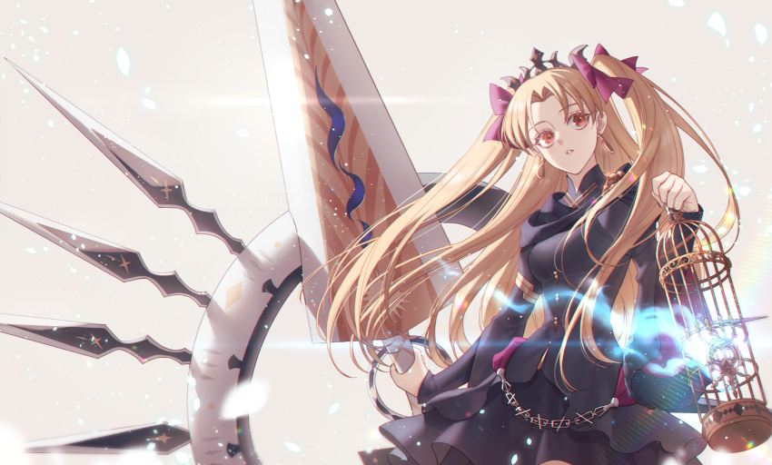 1girl absurdres bangs birdcage black_dress blonde_hair bow cage commentary cowboy_shot crown dress earrings ereshkigal_(fate) fate/grand_order fate_(series) gold_trim hair_bow highres holding holding_cage holding_weapon jewelry lens_flare light_particles lin_(sm1621821) long_hair long_sleeves looking_to_the_side meslamtaea_(weapon) parted_bangs parted_lips red_bow red_eyes solo two_side_up weapon