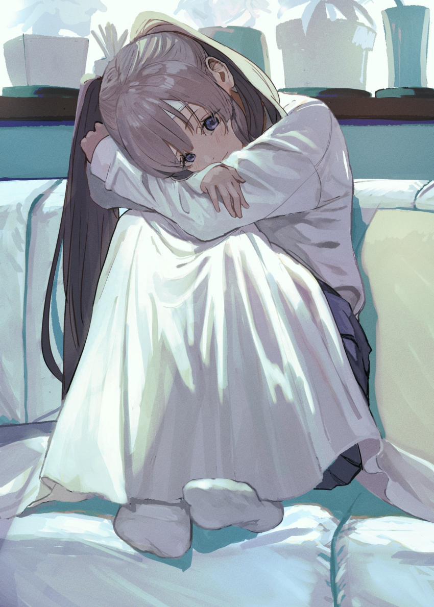 1girl asyde bandages blanket couch depressed flower_pot grey_hair highres hugging_own_legs idolmaster idolmaster_shiny_colors indoors long_hair on_couch pillow plant pleated_skirt shirt skirt socks twintails violet_eyes yuukoku_kiriko