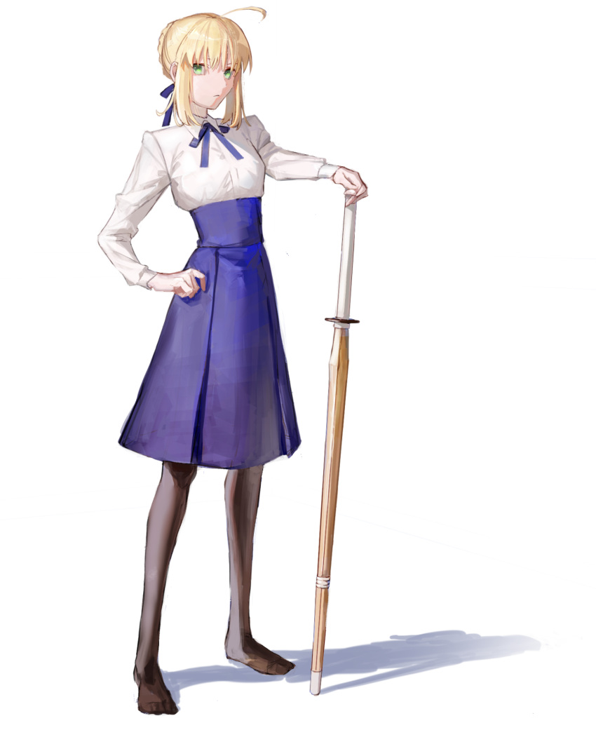 1girl ahoge artoria_pendragon_(fate) black_legwear blonde_hair blue_ribbon blue_skirt fate/stay_night fate_(series) full_body green_eyes hair_bun hair_ribbon hand_on_hilt high-waist_skirt highres long_sleeves neck_ribbon ribbon saber shadow shinai shirt sidelocks skirt solo standing sword ubwmitekure weapon white_shirt wooden_sword