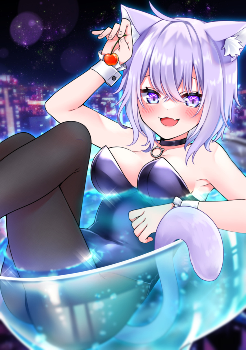 1girl absurdres animal_ears black_collar breasts cat_ears cherry cocktail_glass collar crossed_legs cup drinking_glass fang food fruit hamura_hm highres hololive kittysuit nekomata_okayu night nontraditional_playboy_bunny pantyhose purple_hair tail violet_eyes virtual_youtuber wrist_cuffs