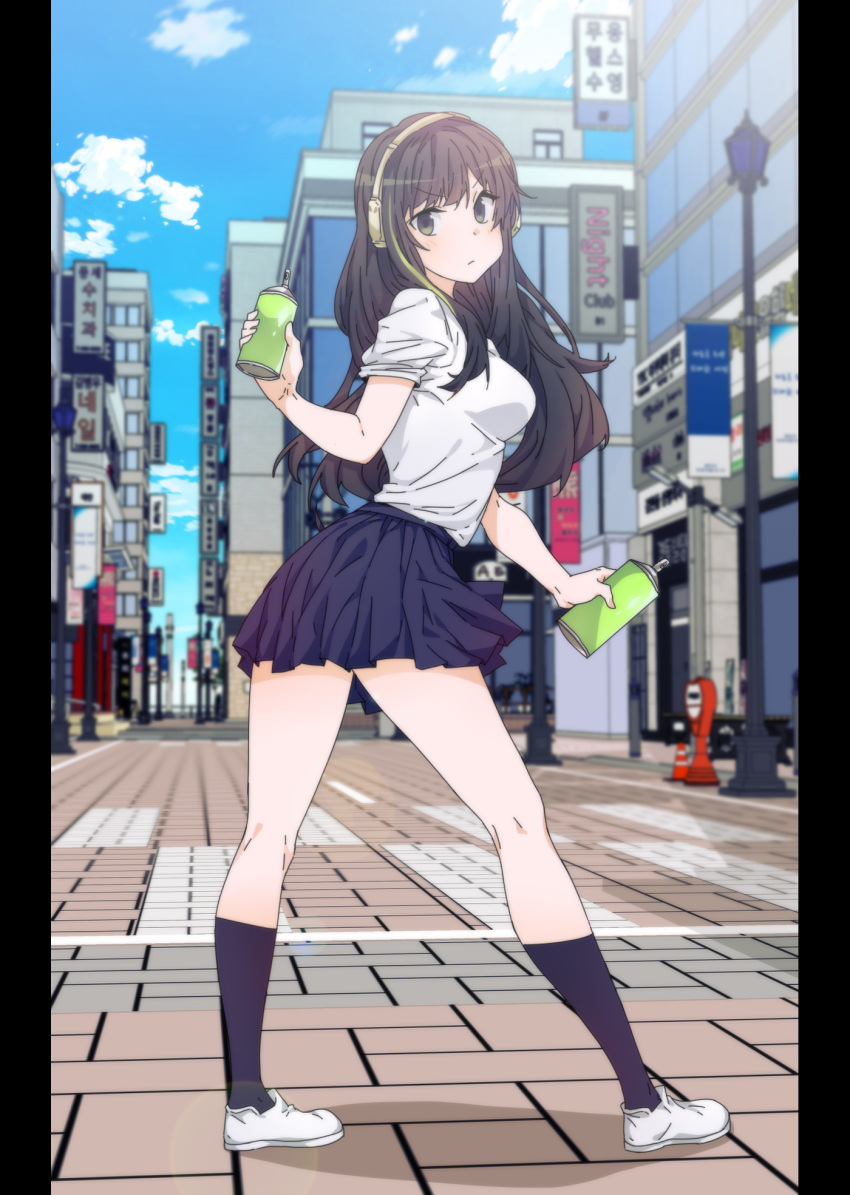 1girl black_eyes black_hair black_legwear blue_skirt breasts brick_road building city clouds commentary contemporary day dual_wielding eyebrows_visible_through_hair frown full_body girls_frontline green_hair highres holding korean_commentary lamppost large_breasts long_hair long_sleeves looking_at_viewer looking_back m4a1_(girls'_frontline) multicolored_hair outdoors pleated_skirt shirt sidarim sign skirt sky sleeves_rolled_up solo spray_can standing streaked_hair traffic_cone white_footwear white_shirt