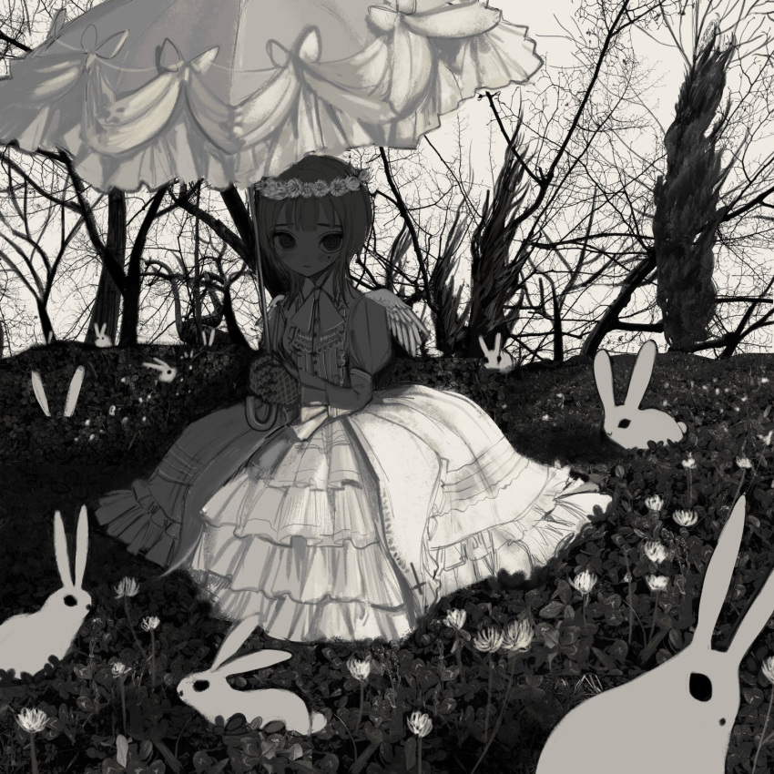 1girl @_@ animal bangs clover dress flower gloves head_wreath highres holding juliet_sleeves lolita_fashion long_sleeves looking_at_viewer mini_wings mole mole_under_eye narue original outdoors parasol puffy_sleeves rabbit short_hair sitting symbol-only_commentary tree umbrella wings
