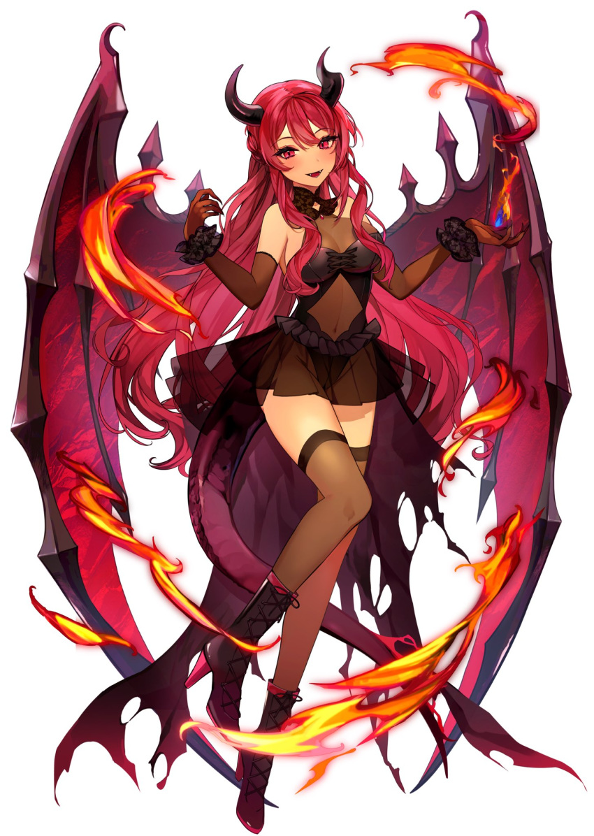 1girl ankle_boots bangs boots breasts cross-laced_footwear demon_wings fire flame halterneck high_heels highleg highres horns hutuu_(1121) lace-up_boots long_hair medium_breasts official_art open_mouth red_eyes redhead rise_of_girls scrunchie see-through skirt solo tail thigh-highs white_background wings wrist_scrunchie