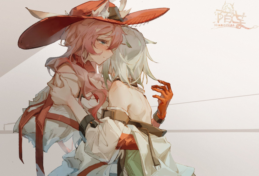 2girls animal_ear_fluff animal_ears arknights bangs bare_shoulders blue_eyes blush brown_hair cat_ears cat_girl closed_mouth dress ears_through_headwear gloves hand_on_another's_shoulder hat heidi_(arknights) height_difference highres kal'tsit_(arknights) long_hair moyu_marginal multiple_girls off-shoulder_dress off_shoulder short_hair silver_hair yuri