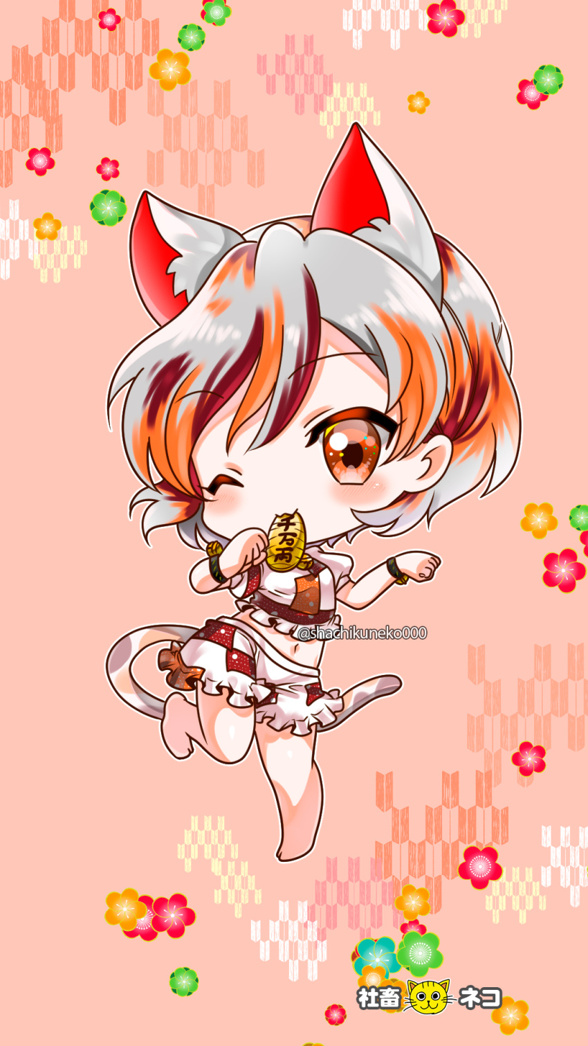 1girl animal_ears bangs barefoot bell breasts calico cat_ears cat_girl cat_tail coin commentary_request crop_top floral_print frilled_shorts frills gesture gold goutokuji_mike highres jingle_bell koban_(gold) maneki-neko midriff mouth_hold multicolored_clothes multicolored_hair multicolored_shirt multicolored_shorts multicolored_tail navel neck_bell orange_eyes patch patchwork_clothes paw_pose puffy_short_sleeves puffy_sleeves shachikuneko000 short_hair short_sleeves shorts small_breasts streaked_hair tail touhou white_hair
