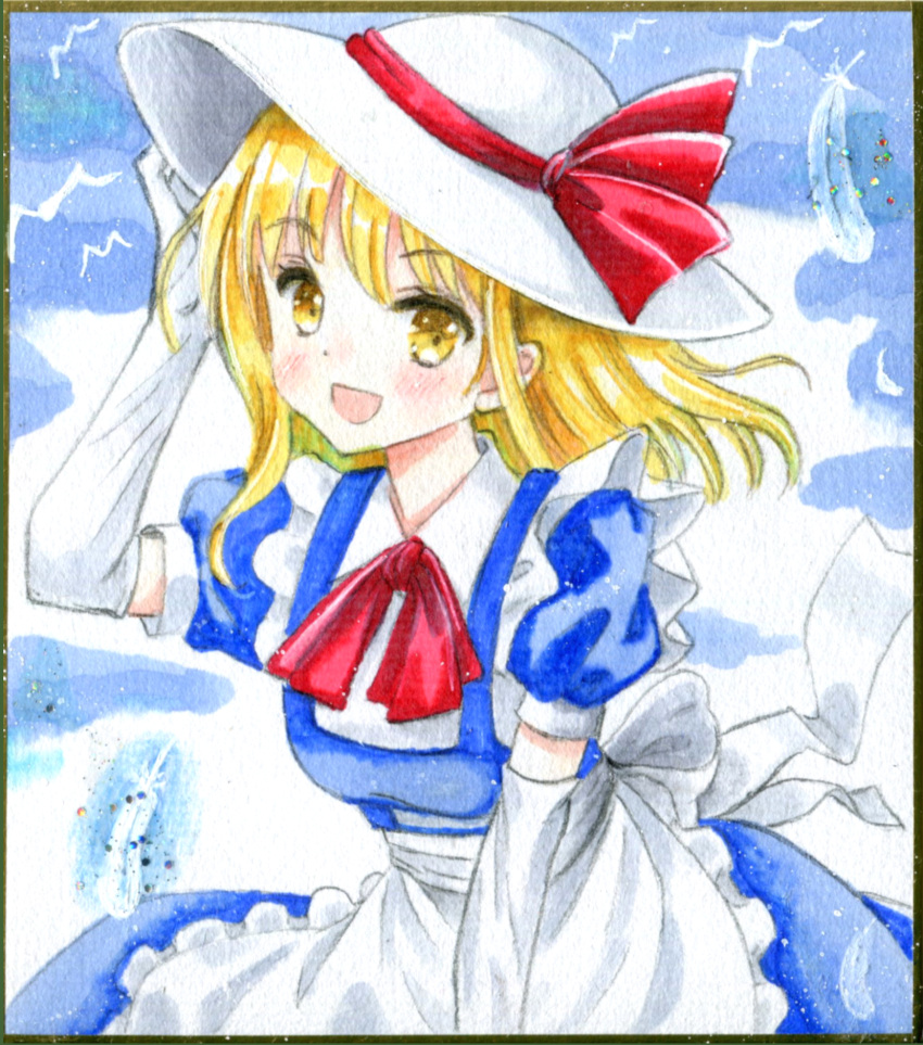1girl alternate_hair_length alternate_hairstyle apron back_bow bird blonde_hair blue_dress bow breasts commentary_request dove dress elbow_gloves eyelashes frilled_apron frilled_dress frills gloves hajike_akira hand_on_headwear happy hat hat_bow highres kana_anaberal leaning_forward long_hair medium_breasts open_mouth outdoors photo_(medium) puffy_short_sleeves puffy_sleeves red_bow ribbon short_sleeves sun_hat touhou touhou_(pc-98) traditional_media white_feathers white_gloves white_headwear yellow_eyes
