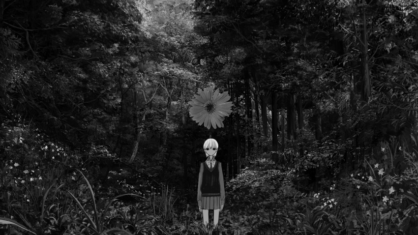 1girl absurdres bangs bow bowtie cropped_legs daisy dark flower forest grass greyscale hair_between_eyes highres long_sleeves looking_at_viewer monochrome narue nature no_mouth no_nose original outdoors photo_background pleated_skirt short_hair skirt sleeves_past_wrists solo standing sweater_vest symbol-only_commentary tree