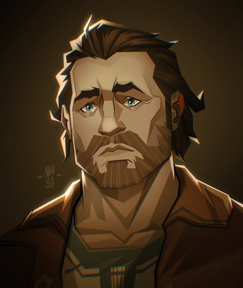 1boy arcane:_league_of_legends artist_name bangs beard brown_background brown_hair brown_jacket closed_mouth collarbone facial_hair grey_eyes highres jacket league_of_legends looking_at_viewer male_focus nina_kunze open_clothes open_jacket short_hair solo two-tone_shirt vander_(arcane)