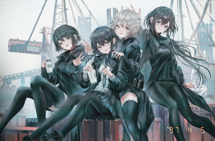 4girls :d artist_name black_hair black_jacket black_legwear blonde_hair blue_eyes choker coffee coffee_cup commentary_request cup disposable_cup green_eyes highres holding holding_cup jacket long_hair looking_at_viewer multiple_girls necktie original pantyhose short_hair sitting skirt smile swav thigh-highs v yellow_eyes