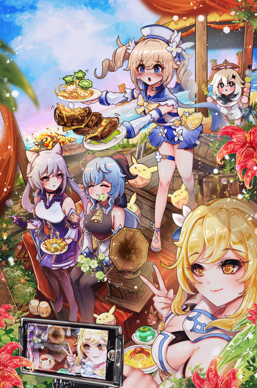 absurdres barbara_(genshin_impact) beach bell black_legwear blonde_hair blue_hair blush breasts cellphone closed_eyes detached_sleeves dodoco_(genshin_impact) drooling flower flying_sweatdrops food ganyu_(genshin_impact) genshin_impact gloves gmg highres holding holding_food horns jean_(genshin_impact) keqing_(genshin_impact) klee_(genshin_impact) long_hair looking_at_another looking_to_the_side lumine_(genshin_impact) medium_breasts ocean open_mouth outdoors paimon_(genshin_impact) phone purple_hair red_flower selfie smile tray v white_hair