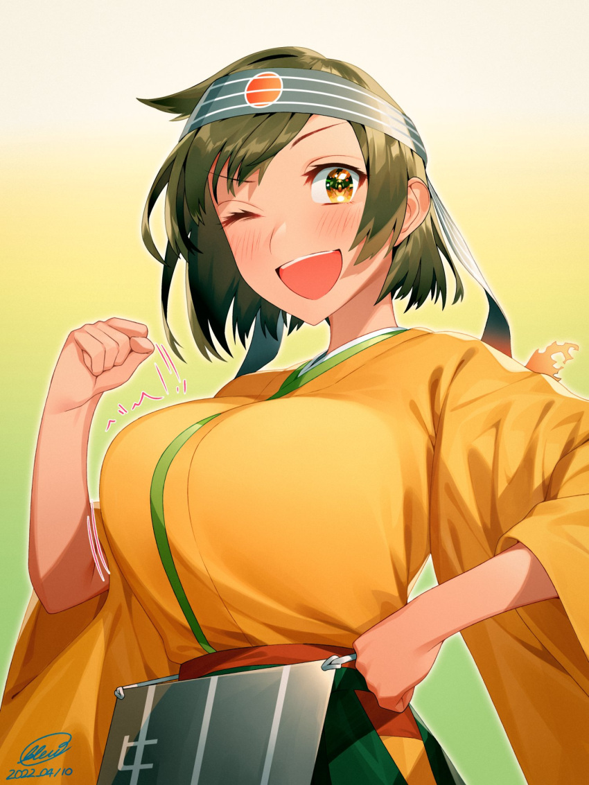 1girl blew_andwhite blouse breasts brown_eyes brown_hair cowboy_shot dated eyebrows_visible_through_hair flight_deck gloves gradient gradient_background green_background green_hakama hachimaki hakama hakama_short_skirt hakama_skirt headband highres hiryuu_(kancolle) hiryuu_kai_ni_(kancolle) japanese_clothes kantai_collection kimono large_breasts long_sleeves looking_at_viewer one_eye_closed one_side_up open_mouth orange_kimono partially_fingerless_gloves short_hair signature skirt smile solo two-tone_background wide_sleeves yellow_background yellow_kimono yugake