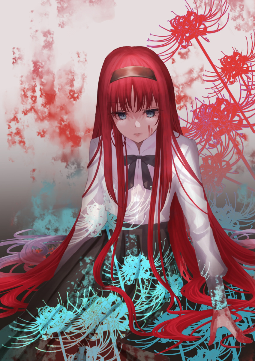 1girl avsytw4jguvya8p black_hairband black_ribbon black_skirt blood blood_on_face blue_eyes closed_mouth commentary_request eyebrows_visible_through_hair flower hairband highres lips long_hair long_sleeves neck_ribbon pink_lips red_flower redhead ribbon shirt skirt solo spider_lily tohno_akiha tsukihime tsukihime_(remake) very_long_hair white_shirt