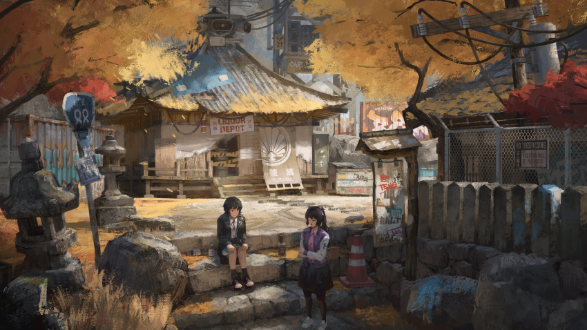 2girls absurdres alcohol autumn_leaves black_hair black_legwear blurry bottle bow brown_eyes cone contemporary converse crossed_arms depth_of_field hair_bow highres himekaidou_hatate jack_daniel's jacket letterman_jacket liquor looking_to_the_side mikado_(winters) multiple_girls neck_ribbon one_eye_closed open_mouth outdoors pantyhose power_lines revision ribbon road_sign scenery shameimaru_aya shoes sign sitting sketch skirt smile sneakers speaker stairs stone_lantern temple touhou twintails whiskey