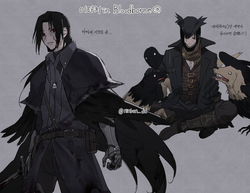 1boy artist_name belt belt_buckle bird black_hair black_headwear blood blood_on_face bloodborne brown_vest buckle cloak coat copyright_name cosplay crow dog eileen_the_crow eileen_the_crow_(cosplay) feather-trimmed_coat feather_trim gloves hat hat_feather highres holding holding_sword holding_weapon hunter_(bloodborne) hunter_(bloodborne)_(cosplay) long_hair male_focus naruto_(series) ningyeon no_hat no_headwear petting ponytail red_eyes sharingan sitting standing sword tied_hair twitter_username uchiha_itachi vest weapon