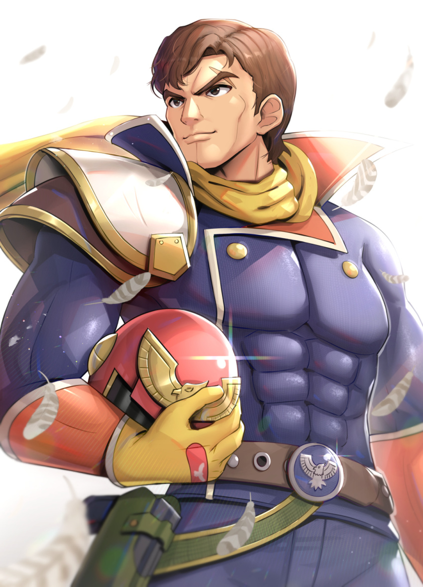 1boy abs armor belt black_eyes brown_hair captain_falcon commentary_request f-zero gloves gonzarez headwear_removed helmet helmet_removed highres holding holding_helmet jumpsuit male_focus muscular muscular_male pauldrons scar scarf short_hair shoulder_armor simple_background smile solo upper_body white_background yellow_gloves yellow_scarf