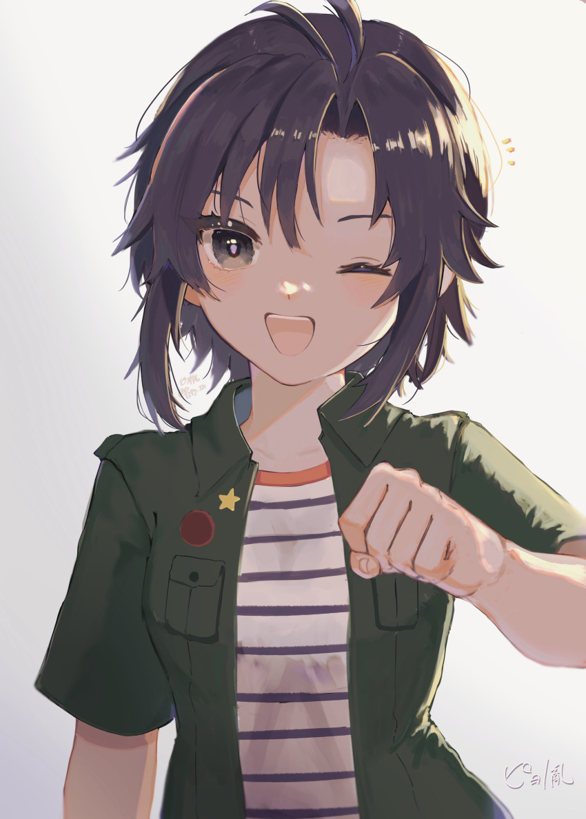 1girl absurdres antenna_hair black_hair clenched_hand grey_eyes highres idolmaster jacket kikuchi_makoto looking_at_viewer one_eye_closed open_mouth piyo_tane shirt short_hair simple_background smile solo star_(symbol) striped striped_shirt teeth upper_body upper_teeth