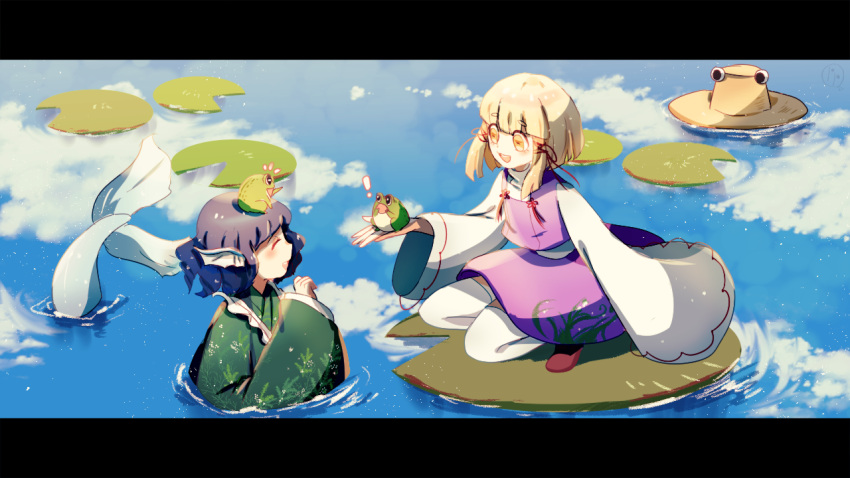 ! 2girls animal bangs blonde_hair blunt_bangs cake_mogo closed_eyes day fish_tail frog_on_head green_kimono hair_ribbon hat hat_removed head_fins headwear_removed holding holding_animal japanese_clothes kimono letterboxed lily_pad long_sleeves looking_at_another mermaid monster_girl moriya_suwako multiple_girls open_mouth outdoors partially_submerged print_kimono print_skirt purple_skirt purple_vest red_ribbon reflection reflective_water ribbon shirt skirt tail teeth thigh-highs touhou upper_teeth vest wakasagihime water white_legwear white_shirt wide_sleeves