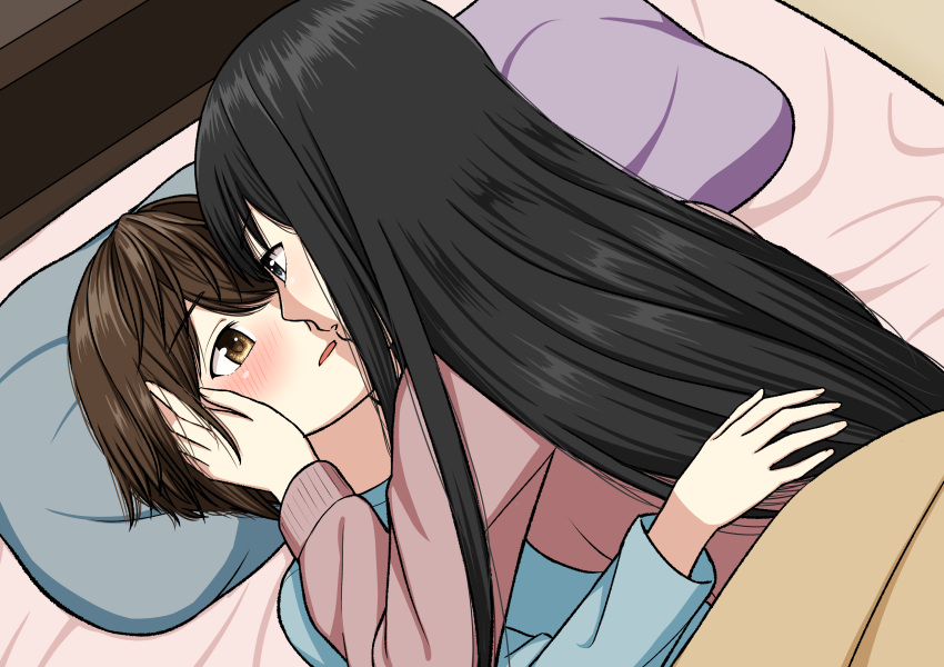 2girls absurdres black_hair blush brown_eyes brown_hair eye_contact grey_eyes hand_in_another's_hair hand_on_another's_back highres imminent_kiss long_hair looking_at_another lying lying_on_person multiple_girls original ryuusa short_hair under_covers yuri