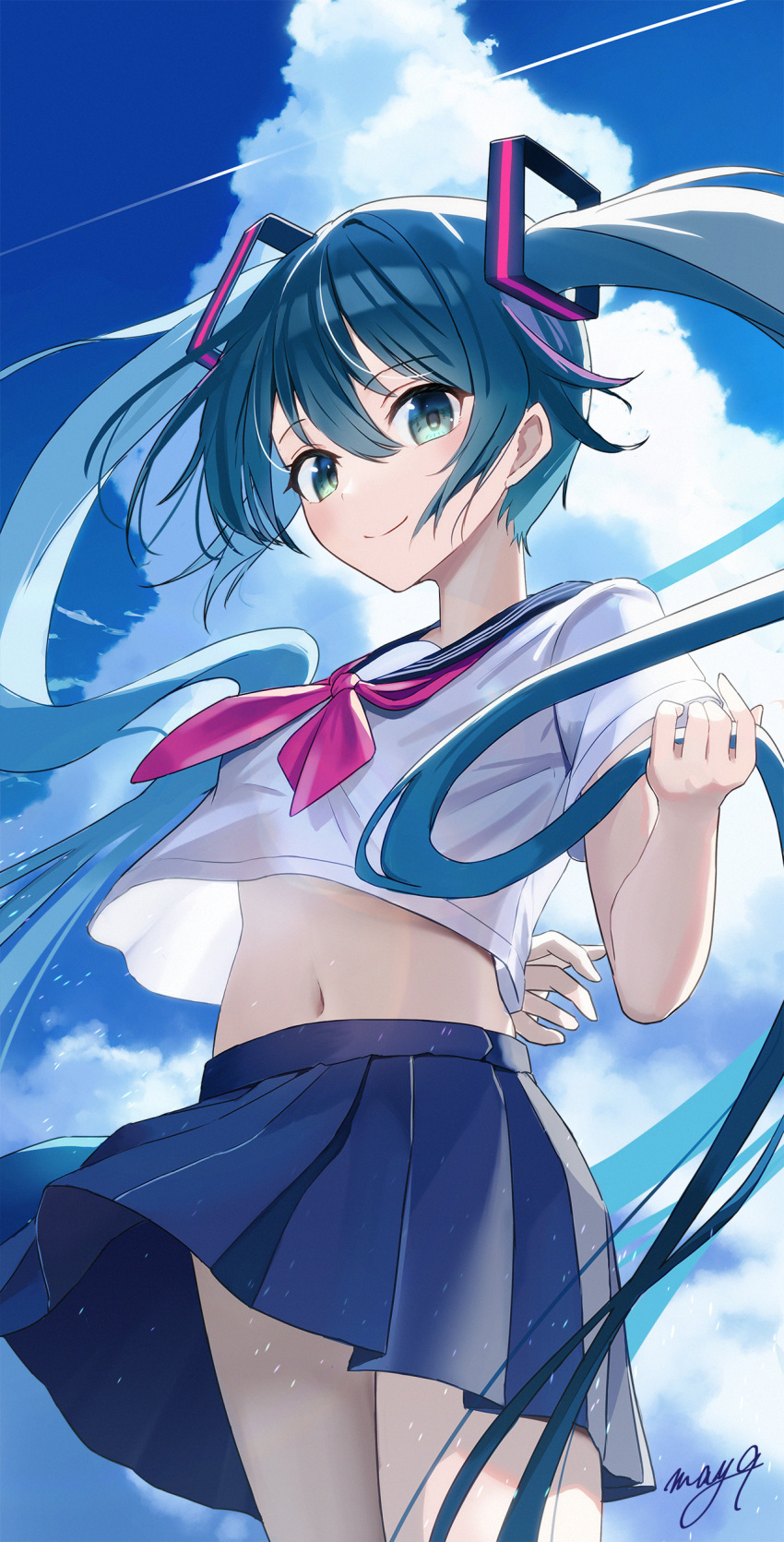 1girl absurdres arm_behind_back bangs blue_eyes blue_hair blue_sailor_collar blue_skirt blue_sky closed_mouth clouds commentary_request cowboy_shot hair_between_eyes hair_ornament hatsune_miku highres long_hair m.a.y. navel neckerchief pink_neckerchief pleated_skirt sailor_collar shirt short_sleeves signature skirt sky smile solo very_long_hair vocaloid white_shirt