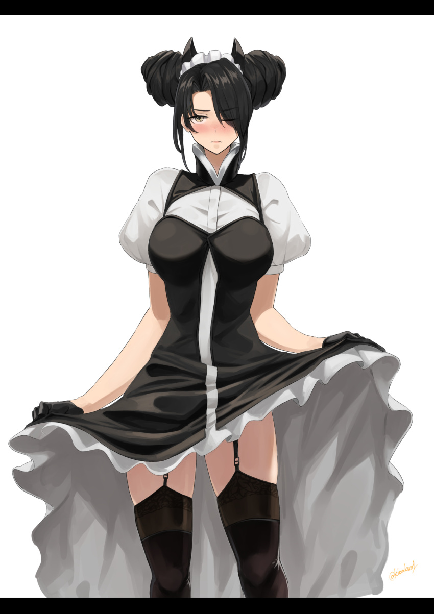 1girl agent_(girls'_frontline) black_gloves black_legwear blush boots breasts closed_mouth clothes_lift dress dress_lift garter_straps girls_frontline gloves hair_over_one_eye highres kion-kun large_breasts lifted_by_self looking_at_viewer maid_headdress one_eye_closed puffy_short_sleeves puffy_sleeves short_sleeves simple_background solo thigh-highs thigh_boots thighhighs_under_boots white_background yellow_eyes