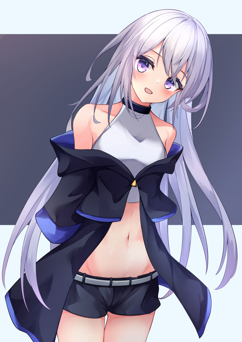 1girl :d absurdres arms_behind_back arun_(arunqn97) ass_visible_through_thighs belt black_shorts blush collarbone cowboy_shot crop_top floating_hair grey_background grey_belt groin highres leaning_to_the_side long_hair looking_at_viewer midriff navel open_mouth original short_shorts shorts silver_hair smile solo standing stomach straight_hair thigh_gap two-tone_background very_long_hair violet_eyes white_background