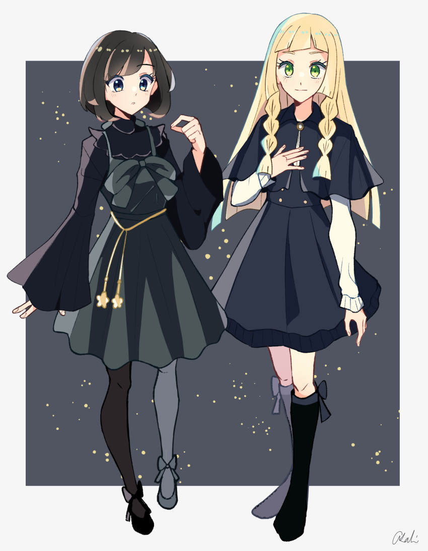 2girls alternate_costume bangs black_dress black_footwear blonde_hair blush boots border braid buttons closed_mouth commentary_request dress eyelashes green_eyes grey_background grey_eyes hand_up highres knees lillie_(pokemon) long_hair looking_at_viewer multiple_girls pantyhose parted_lips pokemon pokemon_(game) pokemon_sm selene_(pokemon) shoes signature smile standing tere_asahi twin_braids white_border