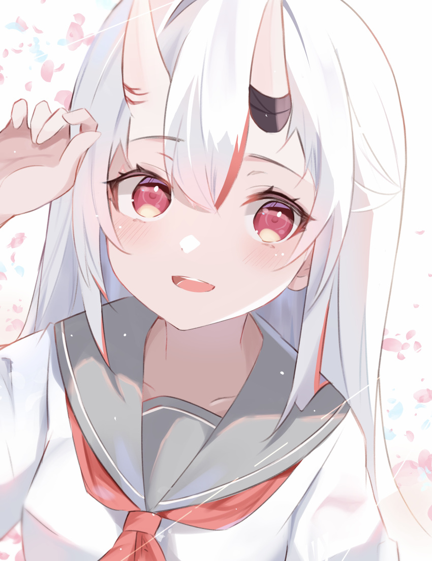 1girl :d absurdres arm_up bangs blush breasts cherry_blossoms commentary_request eyebrows_visible_through_hair grey_sailor_collar hair_between_eyes highres hololive horns long_hair looking_at_viewer multicolored_hair nakiri_ayame neckerchief nono_i831 oni oni_horns petals red_eyes red_neckerchief redhead sailor_collar school_uniform serafuku shirt small_breasts smile solo streaked_hair teeth upper_body upper_teeth virtual_youtuber white_background white_hair white_shirt