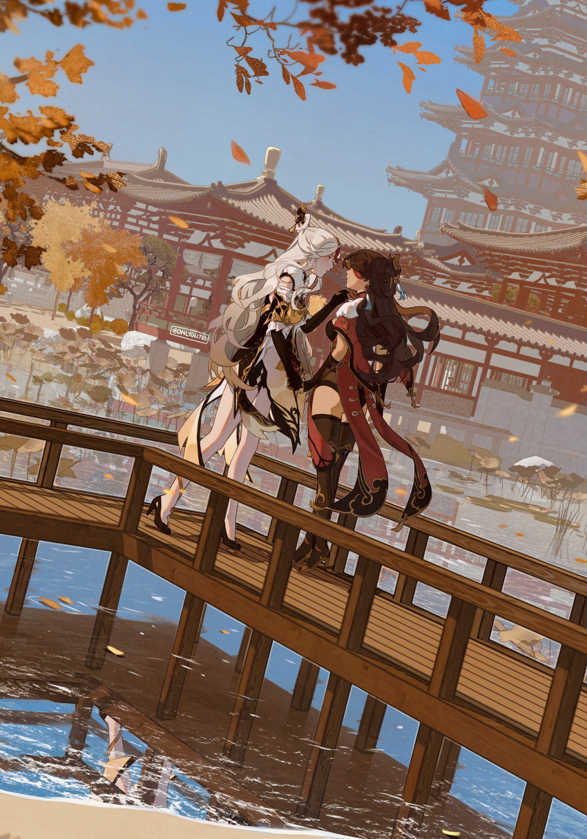 2girls absurdres architecture ass beidou_(genshin_impact) black_footwear blue_sky boots brown_hair china_dress chinese_clothes colored_eyepatch dress east_asian_architecture eyepatch falling_leaves fingerless_gloves genshin_impact gloves hair_ornament hair_stick hair_tassel hairpin high_heels highres holding_hands leaf lily_pad long_hair looking_at_another multiple_girls ningguang_(genshin_impact) one_eye_covered onlyou718 outdoors pier reflection scenery sky standing tassel thigh-highs thigh_boots tree water white_hair wooden_floor yuri
