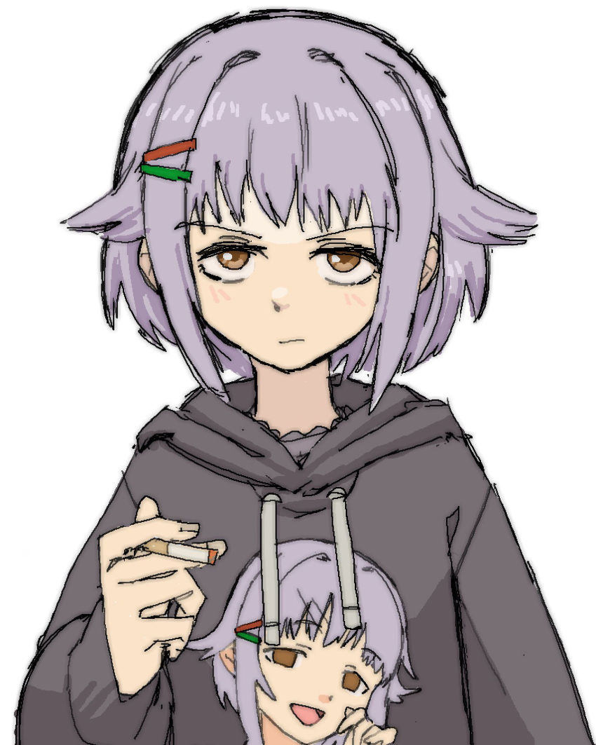 1girl :/ baggy_clothes bangs blush brown_eyes cigarette commission eyebrows_visible_through_hair hair_intakes hair_ornament highres hood hoodie idolmaster idolmaster_cinderella_girls idolmaster_cinderella_girls_starlight_stage koshimizu_sachiko looking_at_viewer pantsu-ripper short_hair simple_background solo upper_body white_background