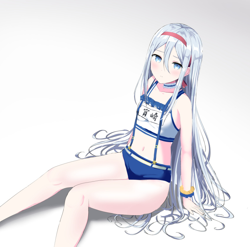 1girl bangs blue_eyes blue_shorts blush camisole closed_mouth crop_top feet_out_of_frame gradient gradient_background grey_background hair_between_eyes hairband highres knees_together_feet_apart long_hair looking_at_viewer midriff morerin navel parted_bangs project_sekai red_hairband short_shorts shorts silver_hair sitting solo very_long_hair white_background white_camisole yoisaki_kanade