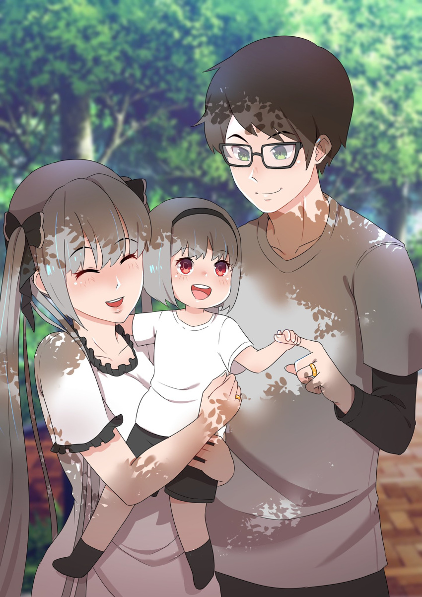 1boy 2girls age_difference alternate_costume azur_lane baby_carry bad_feet black_hair black_pants black_ribbon brown_hair carrying commander_cool commentary formidable_(azur_lane) glasses gold green_eyes grey_hair grey_shirt hair_over_shoulder hair_ribbon highres husband_and_wife jewelry long_hair long_sleeves medium_hair mother_and_daughter multiple_girls pants red_eyes ribbon ring shirt short_hair short_sleeves sidelocks tree twintails very_long_hair wedding_band white_shirt