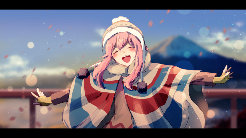 1girl ^_^ bangs blue_sky blurry blurry_background blush cake_mogo closed_eyes clouds day facing_viewer fingerless_gloves gloves happy hat kagamihara_nadeshiko landscape letterboxed long_hair long_sleeves mountain nature open_mouth outdoors outstretched_arms petals pink_hair poncho railing scenery sky smile solo teeth upper_teeth winter_clothes yellow_gloves yurucamp