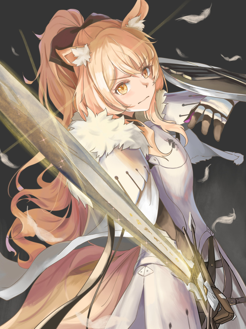 1girl absurdres animal_ear_fluff animal_ears arknights arm_guards armor bangs belt black_background black_bow black_gloves blemishine_(arknights) blonde_hair bow brown_eyes cape closed_mouth commentary_request eyebrows_visible_through_hair feathers full_armor fur-trimmed_cape fur_trim gloves hair_bow high_ponytail highres holding holding_sword holding_weapon horse_ears horse_girl horse_tail jierman kingdom_of_kazimierz_logo long_hair looking_at_viewer shield sidelocks simple_background solo sword tail thigh-highs upper_body v-shaped_eyebrows weapon white_cape
