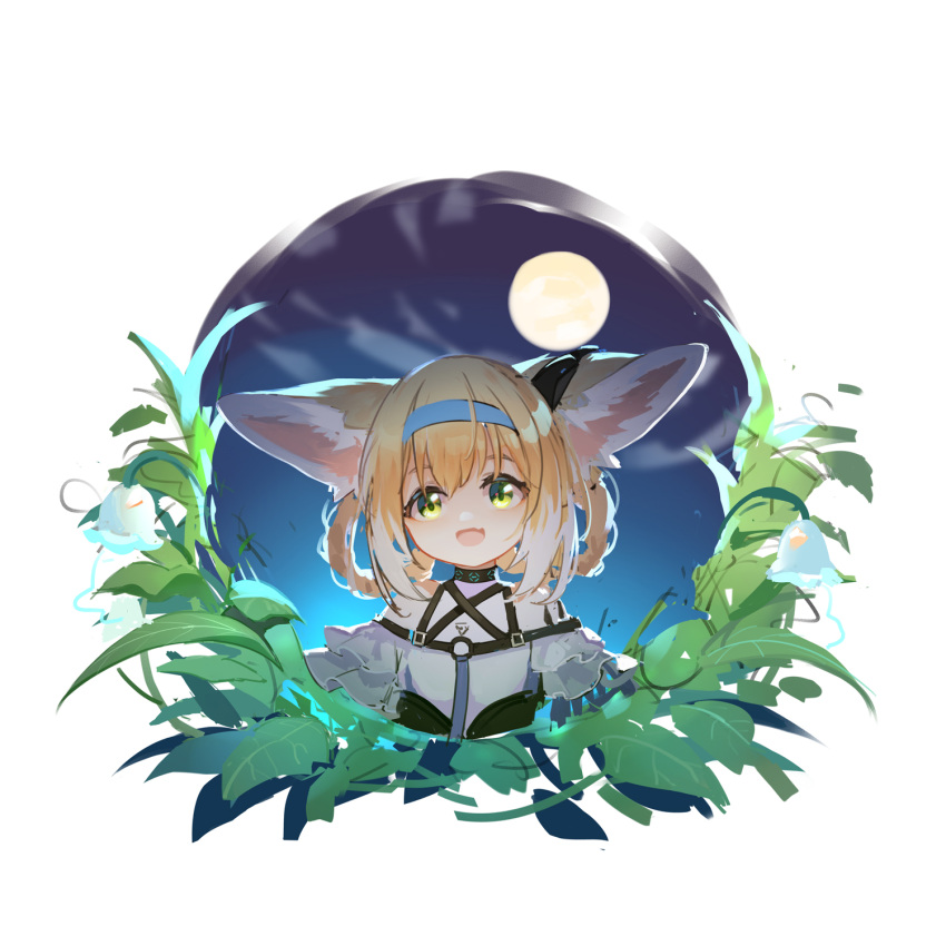 1girl :d animal_ear_fluff animal_ears arknights bangs bare_shoulders blonde_hair blue_hairband braid clouds commentary_request eyebrows_behind_hair fangs fox_ears full_moon green_eyes hair_between_eyes hair_rings hairband highres looking_at_viewer moon multicolored_hair night night_sky shio_(7203802) shirt sky smile solo suzuran_(arknights) twin_braids two-tone_hair upper_body white_background white_hair white_shirt