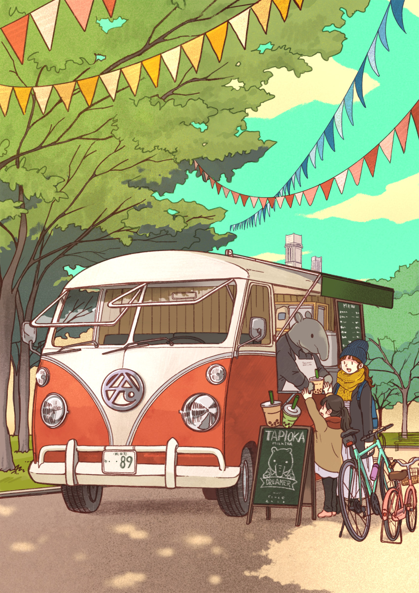 1girl 1other 2girls animal animal_ears anteater apron autumn basket bench bicycle black_hair blue_sky bottle brown_hair bubble_tea child clouds cloudy_sky coat commentary_request cup day disposable_cup drink drinking_straw fantasy flyers food food_truck fujihara giving grass ground_vehicle hat headlight highres holding holding_cup holding_drink holding_food license_plate long_hair long_sleeves menu mother_and_daughter multiple_girls open_mouth original outdoors park park_bench reaching_out rear-view_mirror scarf shadow sky tapir tire tree volkswagen water_bottle