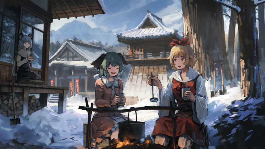 3girls animal_ears black_dress blonde_hair blue_sky brown_dress building capelet closed_eyes clouds cloudy_sky cup day dress eyebrows_visible_through_hair fire firewood forest green_hair grey_hair hair_ornament highres holding holding_cup kasodani_kyouko ladle long_sleeves looking_at_another mikado_(winters) mountain mouse_ears mouse_tail multiple_girls myouren_temple nature nazrin open_mouth outdoors petticoat pot red_dress red_eyes revision seiza short_hair shovel sitting sky smile snow tail toramaru_shou touhou tree wide_sleeves yellow_eyes