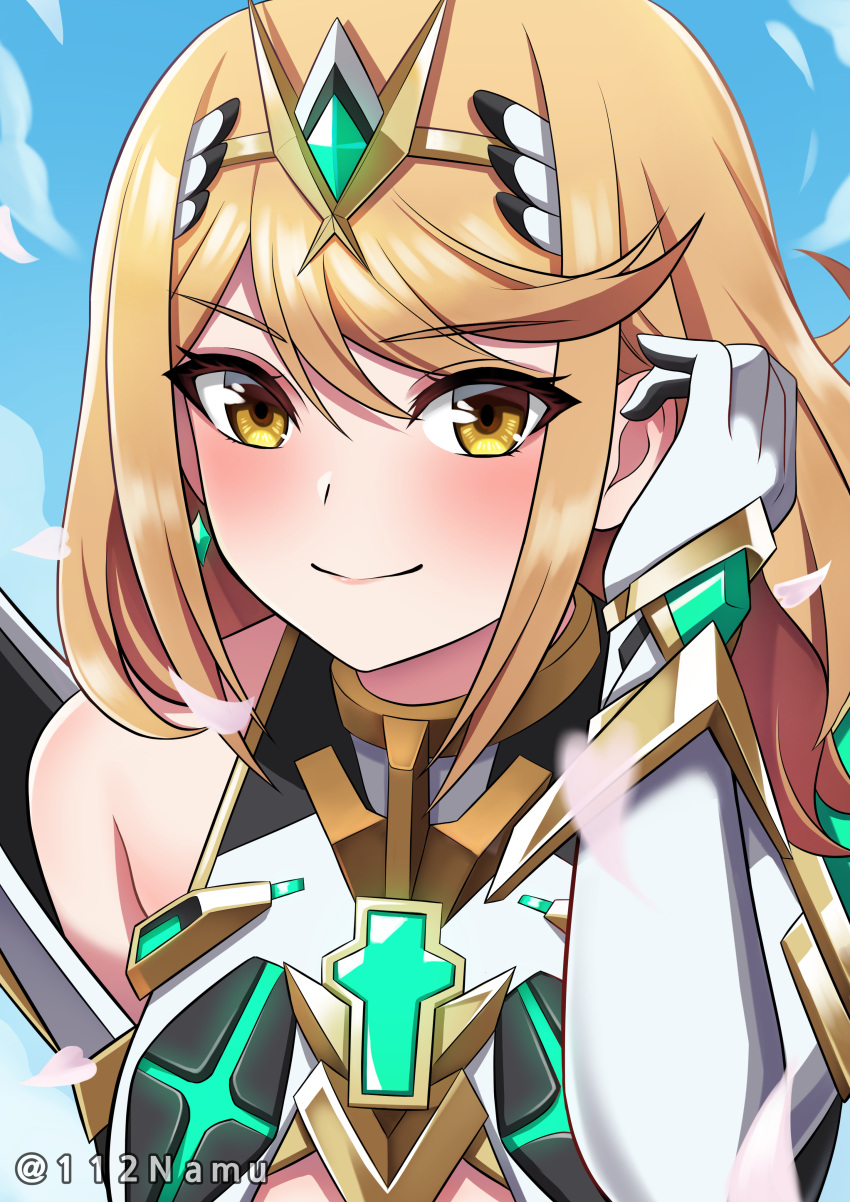 1girl absurdres alternate_hairstyle bangs bare_shoulders blonde_hair blue_sky circlet close-up closed_mouth clouds cloudy_sky dress elbow_gloves gloves highres looking_at_viewer mythra_(xenoblade) namu_(112namu) outdoors short_hair sky smile white_dress white_gloves xenoblade_chronicles_(series) xenoblade_chronicles_2 yellow_eyes
