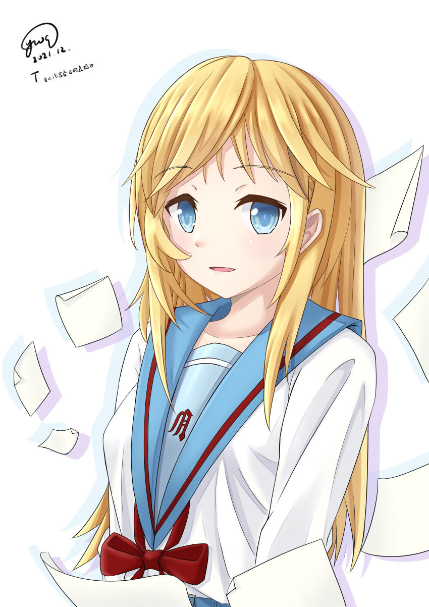 1girl absurdres bangs blonde_hair blue_eyes blue_sailor_collar collarbone commentary_request dated eyebrows_visible_through_hair highres kita_high_school_uniform long_hair long_sleeves looking_at_viewer norbert open_mouth paper red_ribbon ribbon sailor_collar school_uniform serafuku signature simple_background smile solo suzumiya_haruhi_no_yuuutsu t_(suzumiya_haruhi) translation_request upper_body white_background