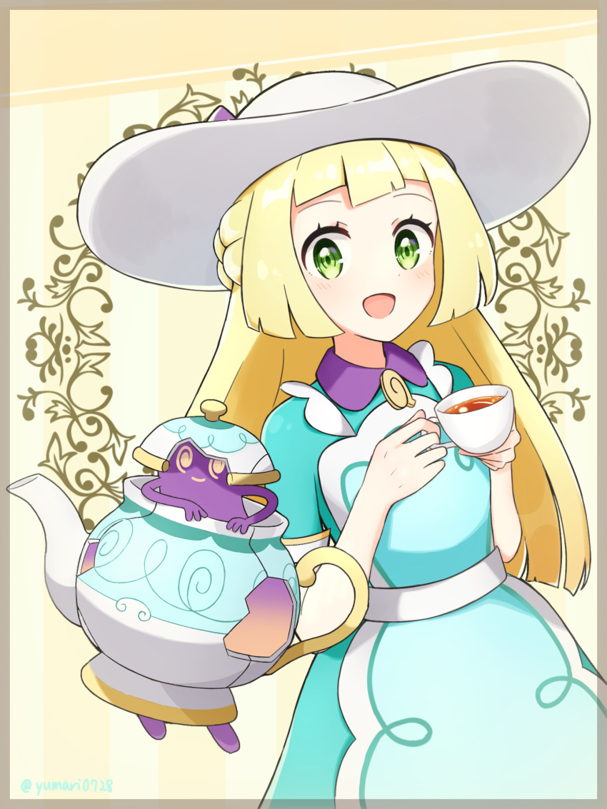 1girl :d blush border collared_dress commentary_request crack cup dress eyelashes green_dress green_eyes hat highres holding holding_cup lillie_(pokemon) looking_at_viewer official_alternate_costume open_mouth pokemon pokemon_(creature) pokemon_(game) pokemon_masters_ex polteageist short_sleeves smile tea teacup teapot white_headwear yumari0728