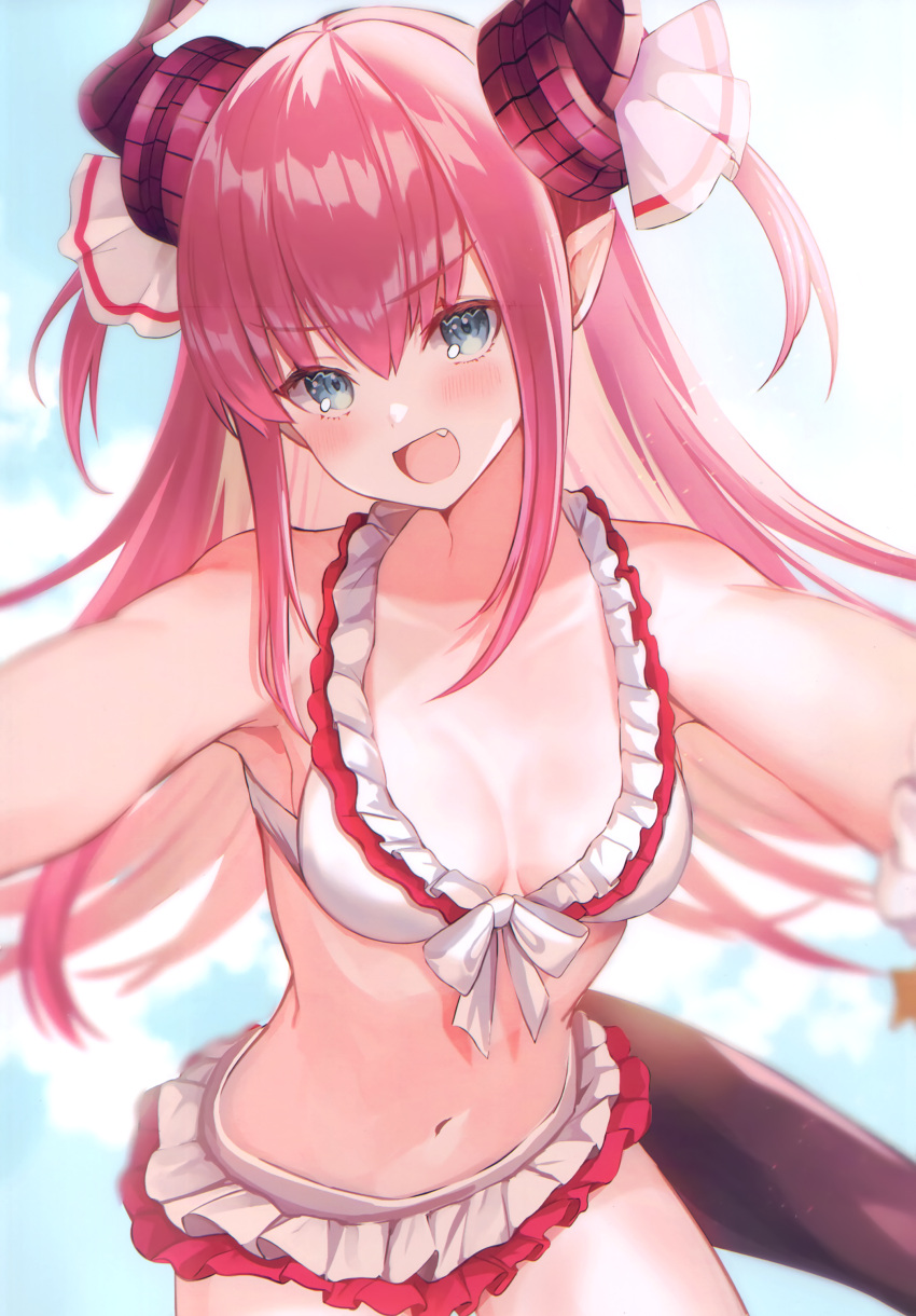 1girl absurdres bare_shoulders bikini bikini_skirt elizabeth_bathory_(beach_bloody_demoness)_(fate) elizabeth_bathory_(fate) elizabeth_bathory_(fate/extra_ccc) fate/extella fate/extella_link fate/extra fate/grand_order fate_(series) frilled_bikini frills highres layered_skirt long_hair looking_at_viewer navel open_mouth pointy_ears scan skirt solo stomach suzuho_hotaru swimsuit tail