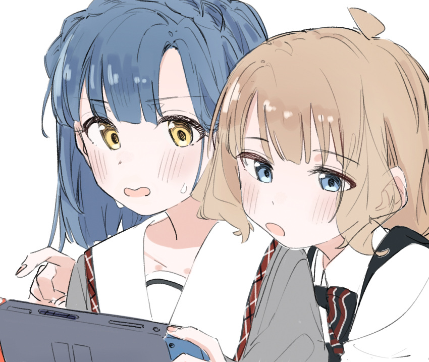 2girls :o absurdres ahoge bangs blue_eyes blue_hair blunt_bangs blunt_ends blush braid close-up crown_braid d: dark_blue_hair ears_visible_through_hair eyebrows_visible_through_hair eyes_visible_through_hair face french_braid from_side furrowed_brow game_console half-closed_eyes hand_up handheld_game_console head_on_another's_shoulder highres holding holding_handheld_game_console idolmaster idolmaster_million_live! joy-con light_brown_hair looking_down meeeeeeco359 multiple_girls nanao_yuriko nintendo_switch open_mouth parted_bangs playing_games pointing sailor_collar short_hair side-by-side simple_background suou_momoko sweat swept_bangs upper_body white_background white_sailor_collar wing_collar yellow_eyes