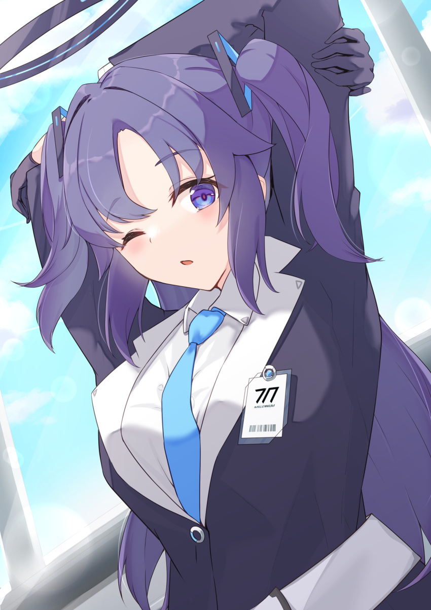 1girl absurdres bangs belt black_gloves blue_archive blue_eyes blush breasts buttons ccveru clouds collared_shirt dress_shirt gloves halo highres id_card lens_flare long_hair looking_at_viewer medium_breasts necktie open_mouth parted_bangs purple_hair shirt sidelocks sky stretch suit_jacket twintails upper_body white_shirt window yuuka_(blue_archive)