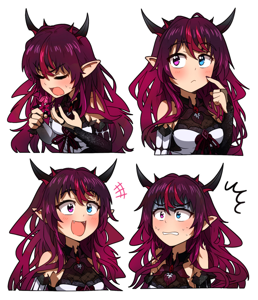 1girl bangs blue_eyes blush ddolbang detached_sleeves fangs heterochromia highres hololive hololive_english horns irys_(hololive) long_hair microphone multicolored_hair pointy_ears purple_hair redhead smile streaked_hair turn_pale violet_eyes virtual_youtuber wings