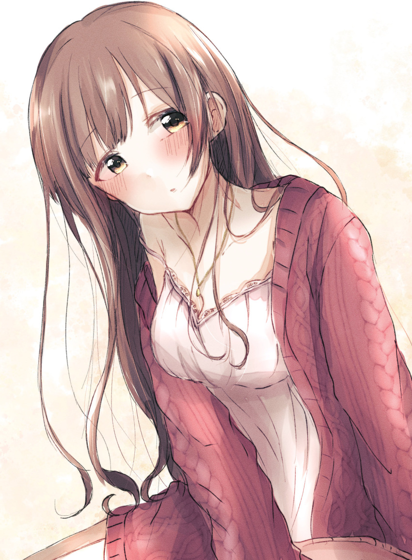 1girl :o alternate_hairstyle argyle argyle_sweater ba_ra_ran blush breasts brown_hair camisole eyebrows_visible_through_hair head_tilt highres idolmaster idolmaster_cinderella_girls igarashi_kyoko jacket lace-trimmed_camisole lace_trim long_hair looking_at_viewer medium_breasts red_jacket ribbed_camisole simple_background solo strap_slip sweater sweater_jacket wavy_hair white_camisole
